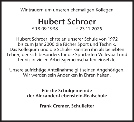 Traueranzeige von Hubert Schroer von Ruhr Nachrichten und Halterner Zeitung