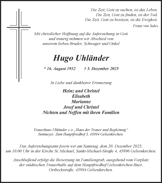 Traueranzeige von Hugo Uhländer von Ruhr Nachrichten und Dorstener Zeitung