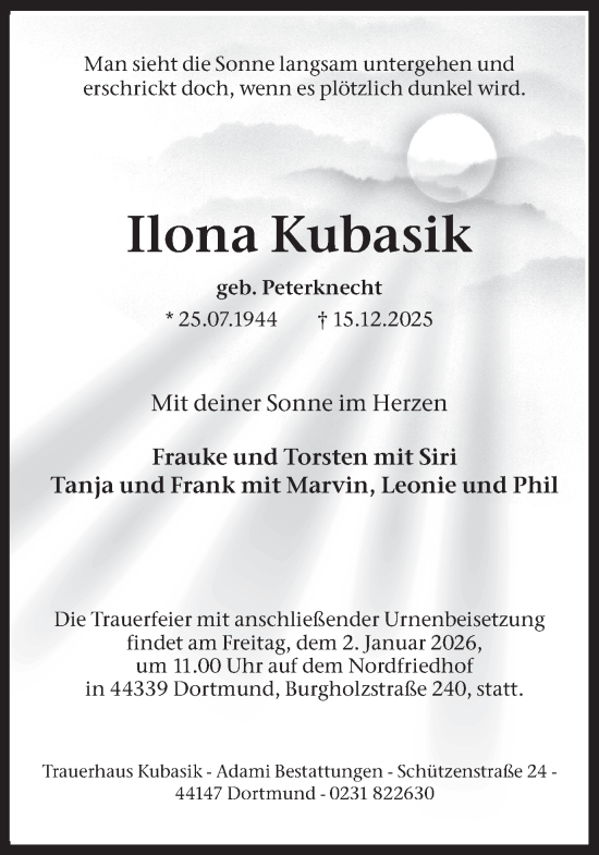Traueranzeige von Ilona Kubasik von Ruhr Nachrichten