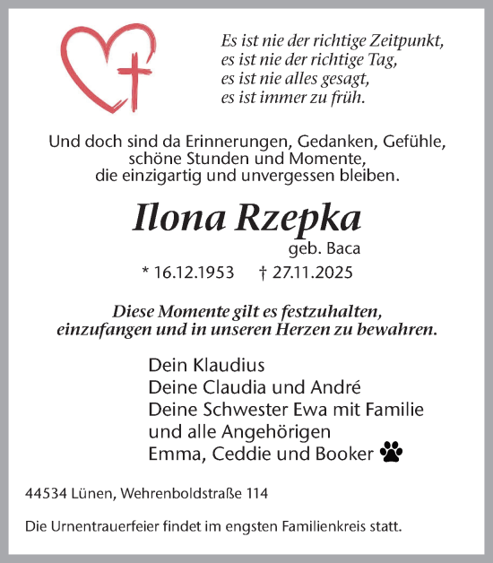 Traueranzeige von Ilona Rzepka von Lüner Anzeiger
