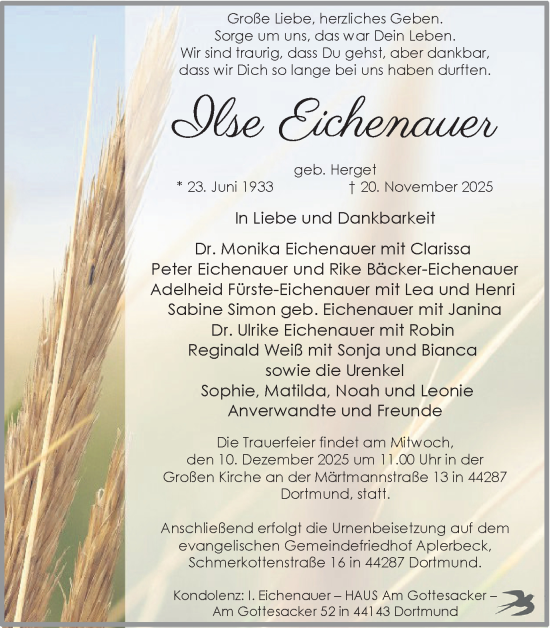 Traueranzeige von Ilse Eichenauer von Ruhr Nachrichten