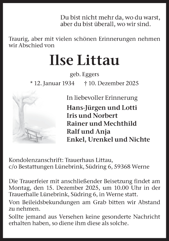 Traueranzeige von Ilse Littau von Ruhr Nachrichten