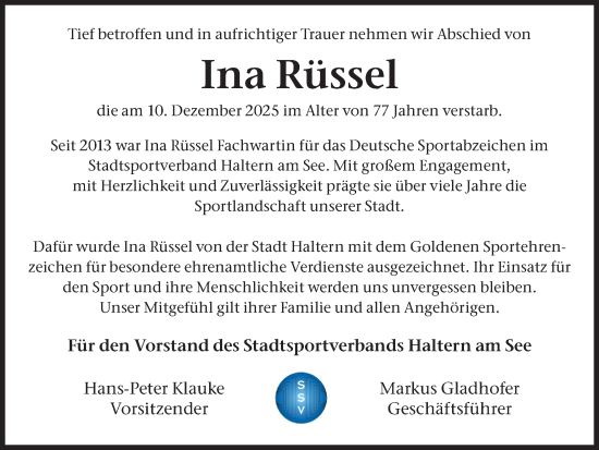 Traueranzeige von Ina Rüssel von Ruhr Nachrichten und Halterner Zeitung