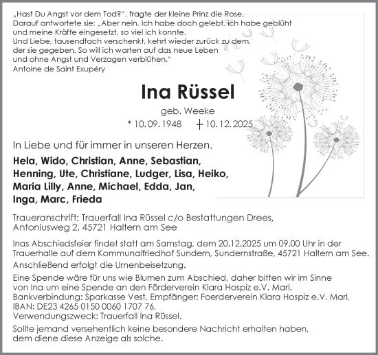 Traueranzeige von Ina Rüssel von Ruhr Nachrichten und Halterner Zeitung