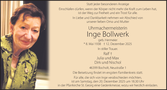 Traueranzeige von Inge Bollwerk 