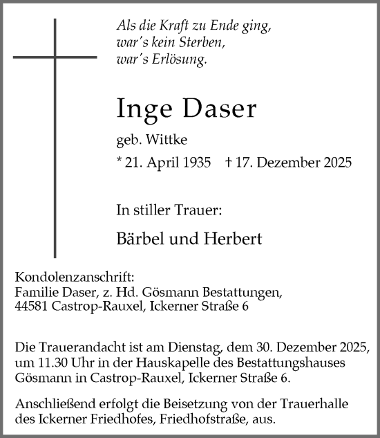 Traueranzeige von Inge Daser von Stadtanzeiger Castrop-Rauxel