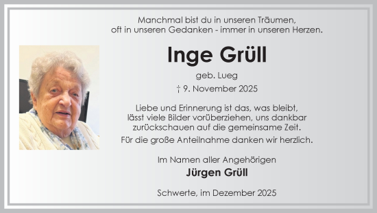 Traueranzeige von Inge Grüll von Ruhr Nachrichten
