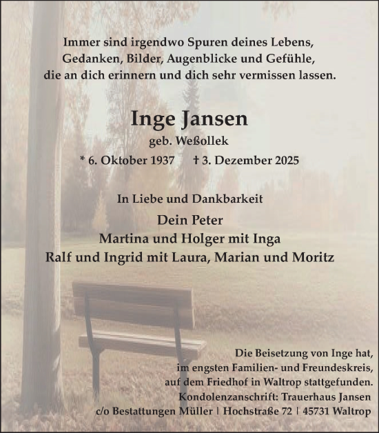 Traueranzeige von Inge Jansen von Trauer Vest