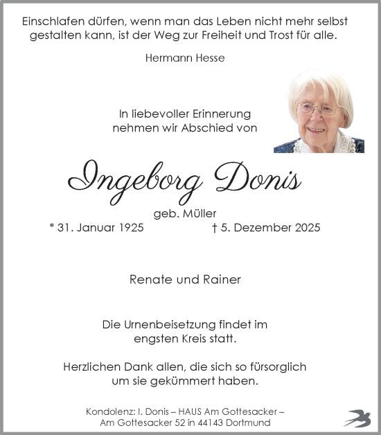 Traueranzeige von Ingeborg Donis von Ruhr Nachrichten