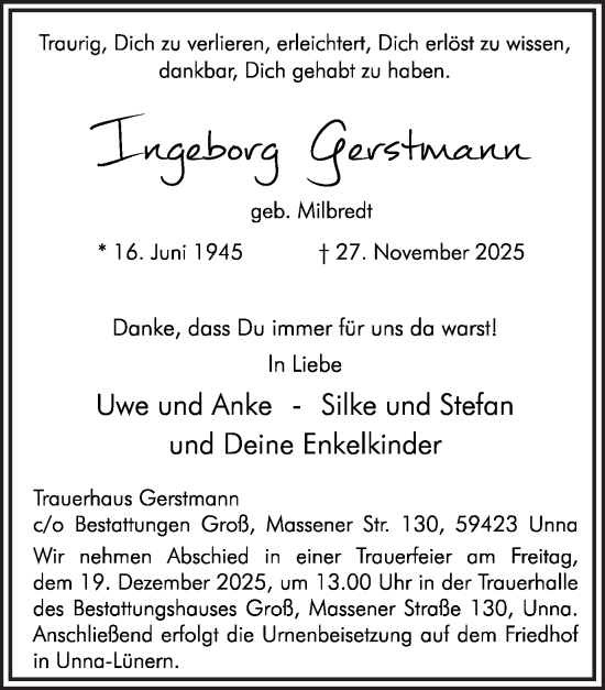 Traueranzeige von Ingeborg Gerstmann von Hellweger Anzeiger