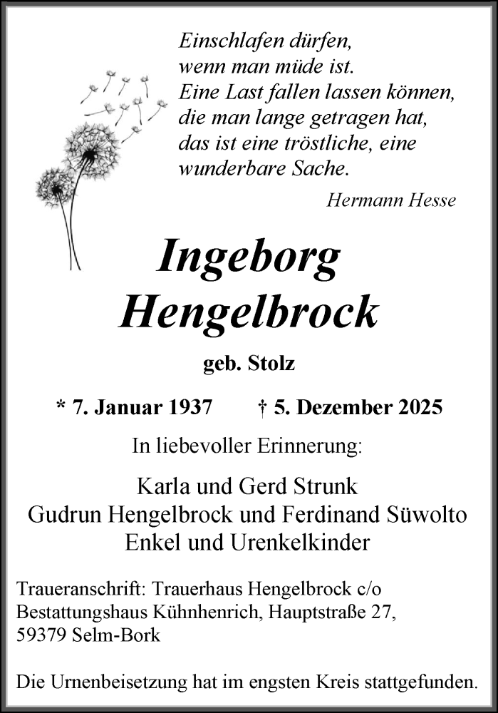  Traueranzeige für Ingeborg Hengelbrock vom 31.12.2025 aus Ruhr Nachrichten