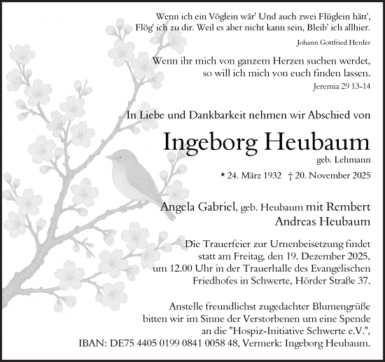 Traueranzeige von Ingeborg Heubaum von Ruhr Nachrichten