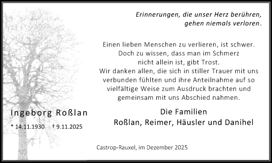 Traueranzeige von Ingeborg Roßlan von Stadtanzeiger Castrop-Rauxel