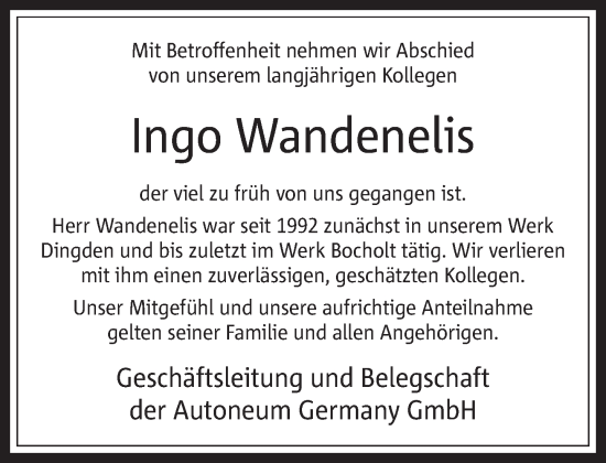 Traueranzeige von Ingo Wandenelis 