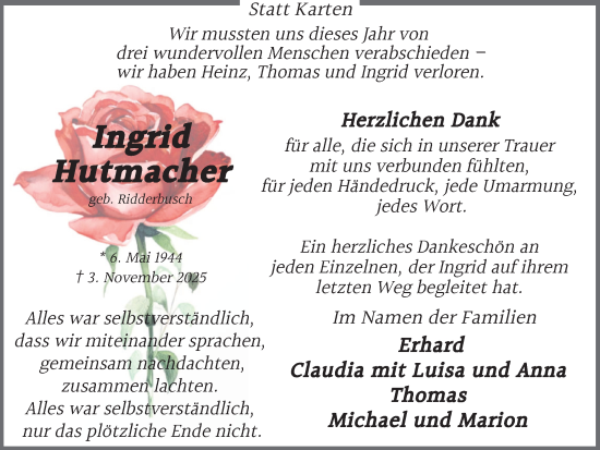 Traueranzeige von Ingrid Hutmacher von Ruhr Nachrichten und Dorstener Zeitung