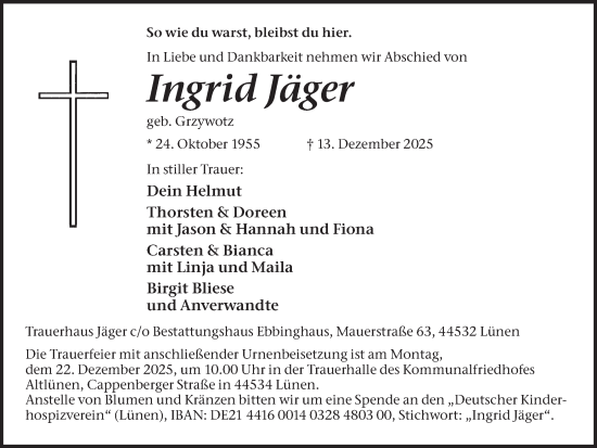 Traueranzeige von Ingrid Jäger von Lüner Anzeiger