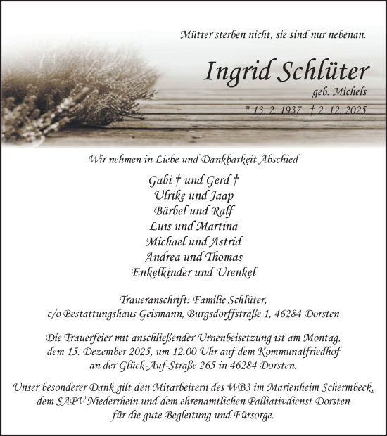 Traueranzeige von Ingrid Schlüter von Ruhr Nachrichten und Dorstener Zeitung