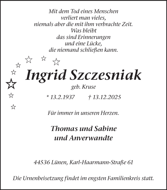 Traueranzeige von Ingrid Szczesniak von Lüner Anzeiger