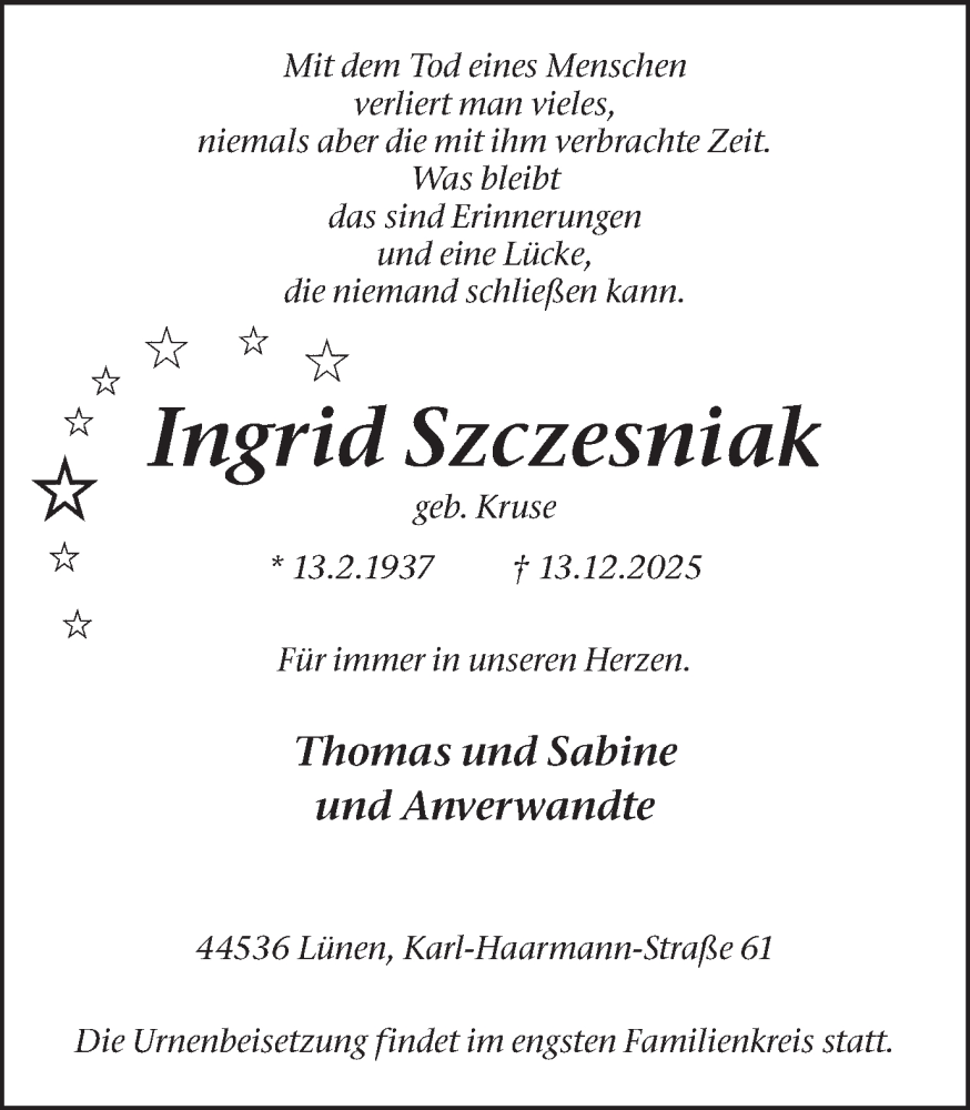  Traueranzeige für Ingrid Szczesniak vom 20.12.2025 aus Lüner Anzeiger
