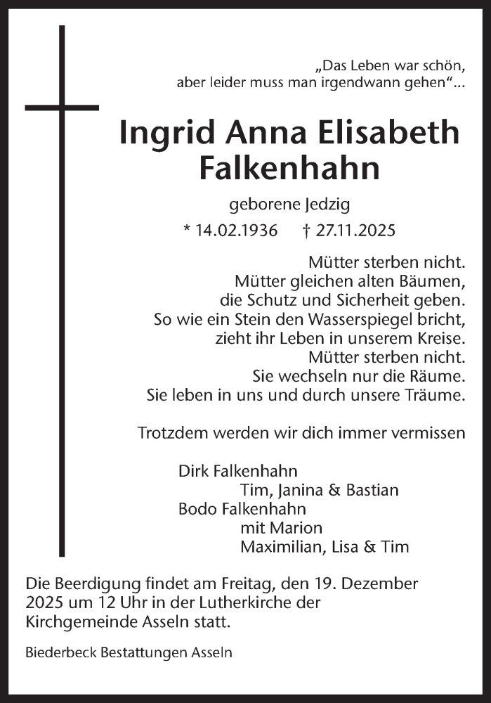  Traueranzeige für Ingrid Anna Elisabeth Falkenhahn vom 06.12.2025 aus Ruhr Nachrichten