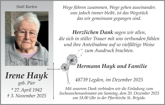 Traueranzeige von Irene Hayk von Münsterland Zeitung