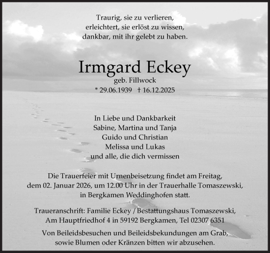 Traueranzeige von Irmgard Eckey von Hellweger Anzeiger