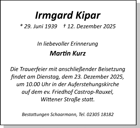 Traueranzeige von Irmgard Kipar von Stadtanzeiger Castrop-Rauxel