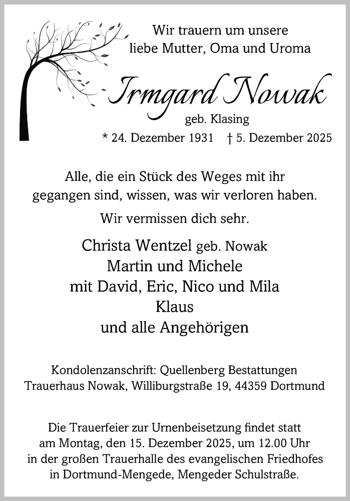  Traueranzeige für Irmgard Nowak vom 13.12.2025 aus Ruhr Nachrichten
