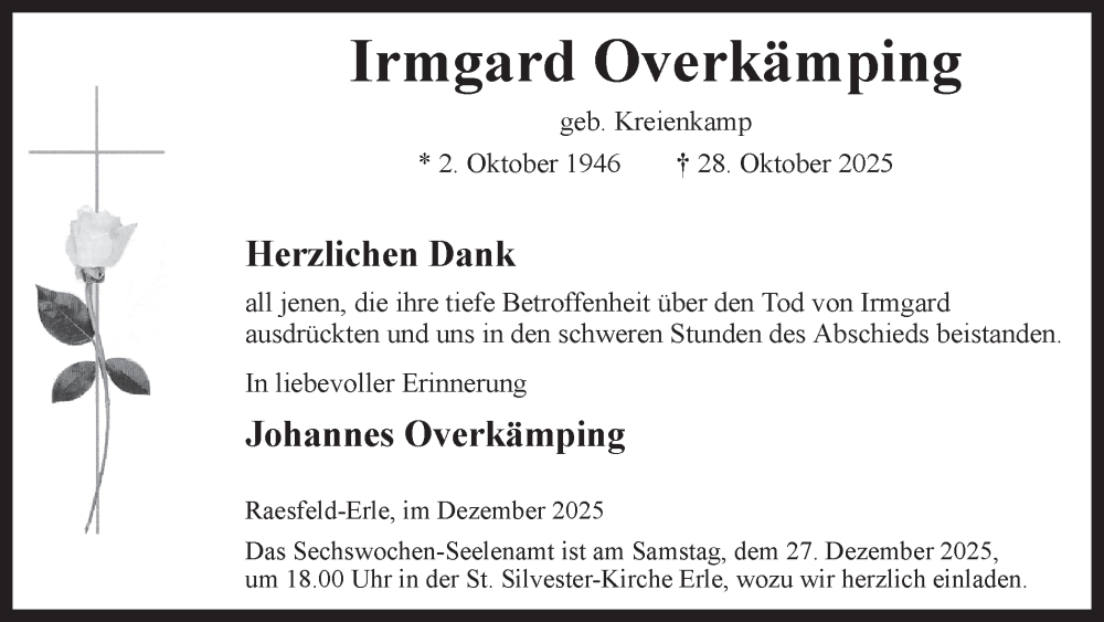  Traueranzeige für Irmgard Overkämping vom 24.12.2025 aus Ruhr Nachrichten und Dorstener Zeitung