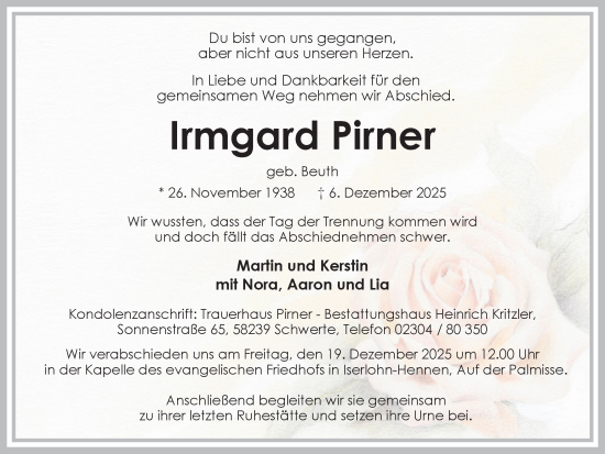 Traueranzeige von Irmgard Pirner von Ruhr Nachrichten