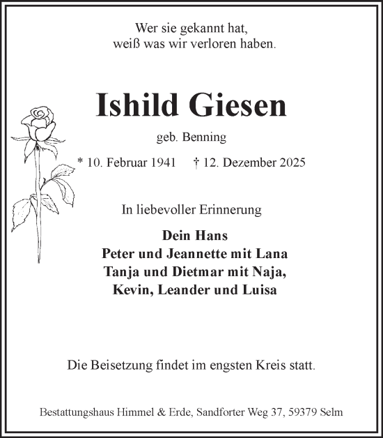 Traueranzeige von Ishild Giesen von Ruhr Nachrichten