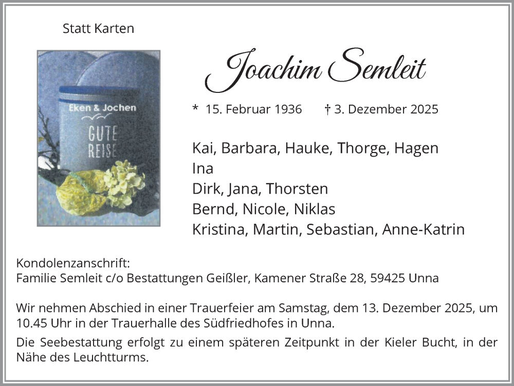  Traueranzeige für Joachim Semleit vom 06.12.2025 aus Hellweger Anzeiger