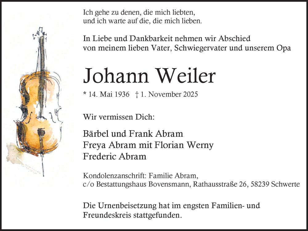  Traueranzeige für Johann Weiler vom 06.12.2025 aus Ruhr Nachrichten