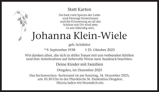 Traueranzeige von Johanna Klein-Wiele 
