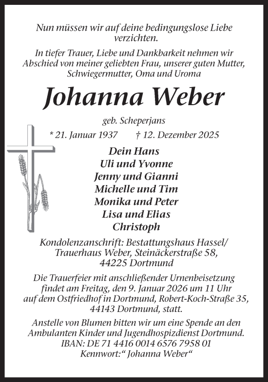 Traueranzeige von Johanna Weber von Ruhr Nachrichten