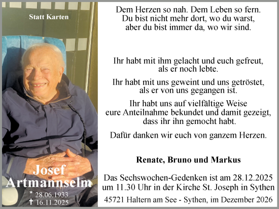 Traueranzeige von Josef Artmannselm von Ruhr Nachrichten und Halterner Zeitung