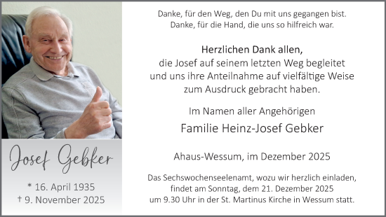 Traueranzeige von Josef Gebker von Münsterland Zeitung