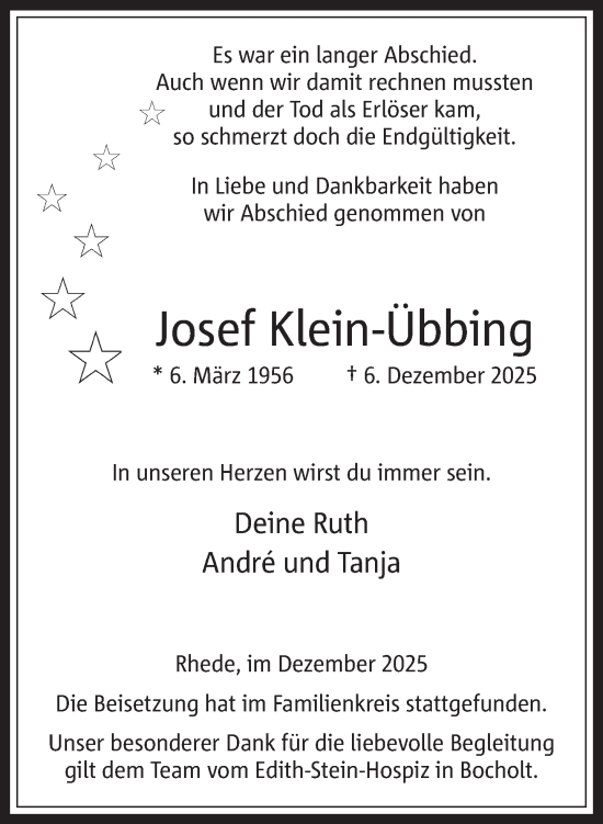 Traueranzeige von Josef Klein-Übbing 