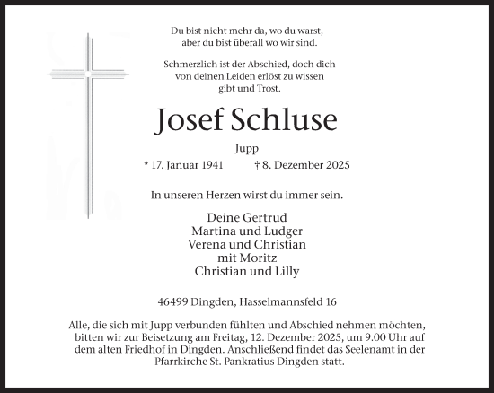 Traueranzeige von Josef Schluse 
