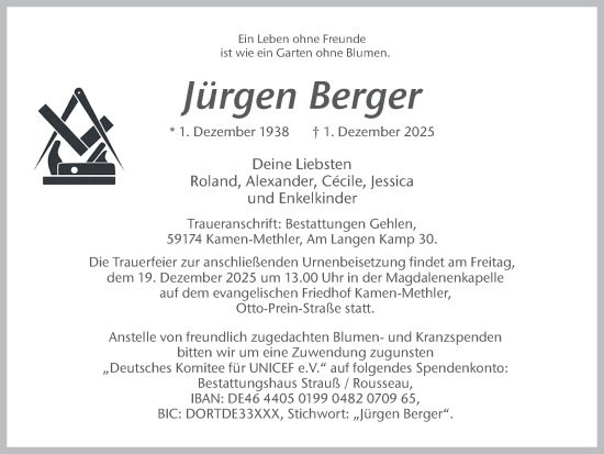Traueranzeige von Jürgen Berger von Hellweger Anzeiger