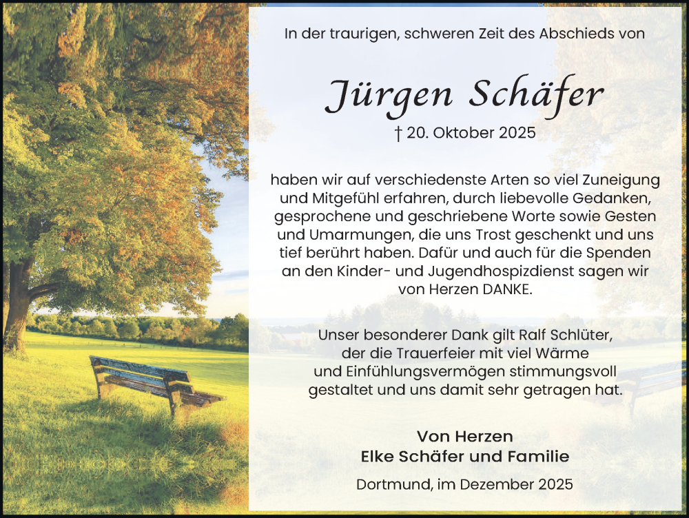  Traueranzeige für Jürgen Schäfer vom 13.12.2025 aus Ruhr Nachrichten