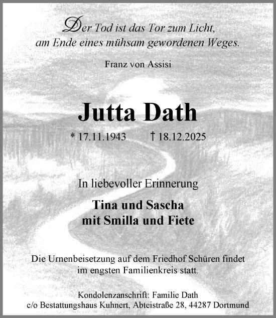 Traueranzeige von Jutta Dath von Ruhr Nachrichten