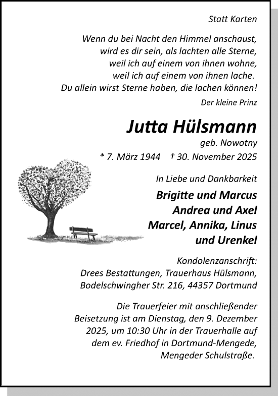 Traueranzeige von Jutta Hülsmann von Ruhr Nachrichten