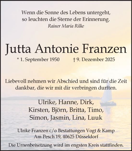 Traueranzeige von Jutta Antonie Franzen von Ruhr Nachrichten