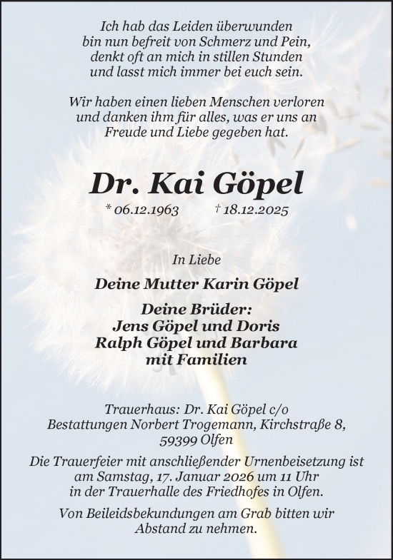 Traueranzeige von Kai Göpel von Ruhr Nachrichten