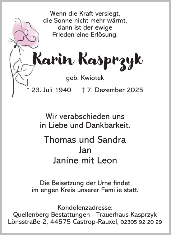 Traueranzeige von Karin Kasprzyk von Stadtanzeiger Castrop-Rauxel
