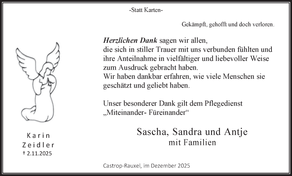  Traueranzeige für Karin Zeidler vom 06.12.2025 aus Stadtanzeiger Castrop-Rauxel