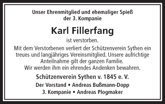 Traueranzeige von Karl Fillerfang von Ruhr Nachrichten und Halterner Zeitung