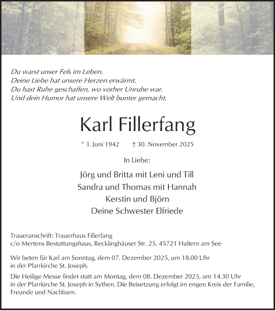 Traueranzeige von Karl Fillerfang von Ruhr Nachrichten und Halterner Zeitung
