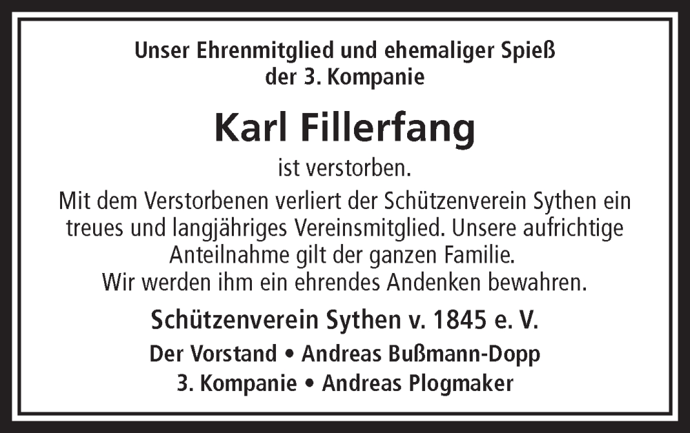  Traueranzeige für Karl Fillerfang vom 06.12.2025 aus Ruhr Nachrichten und Halterner Zeitung